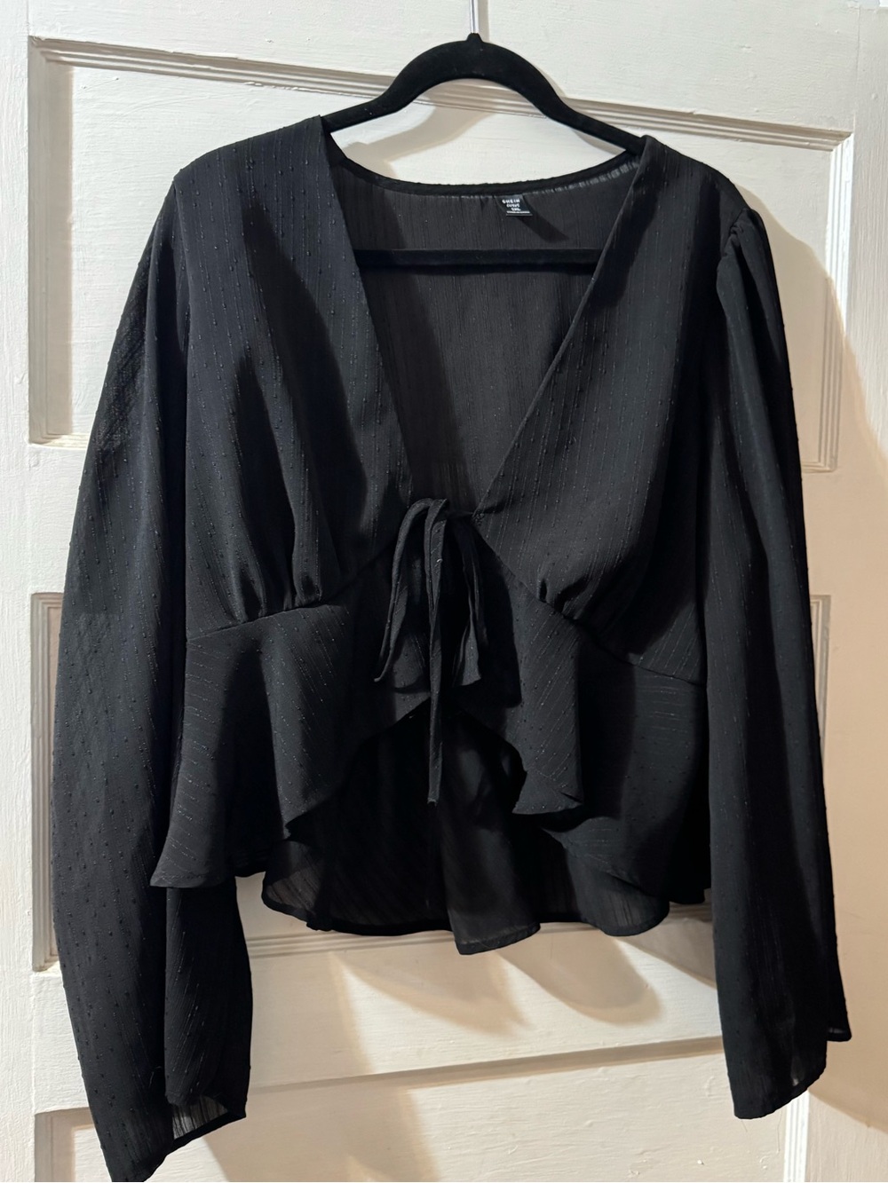 SHEIN Black Tie-Front Ruffle Peplum Blouse